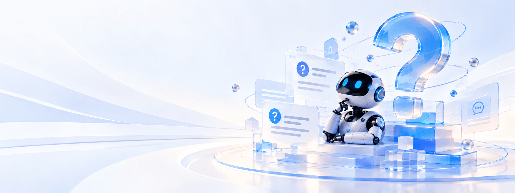 Friendly robot surrounded by question and answer cards