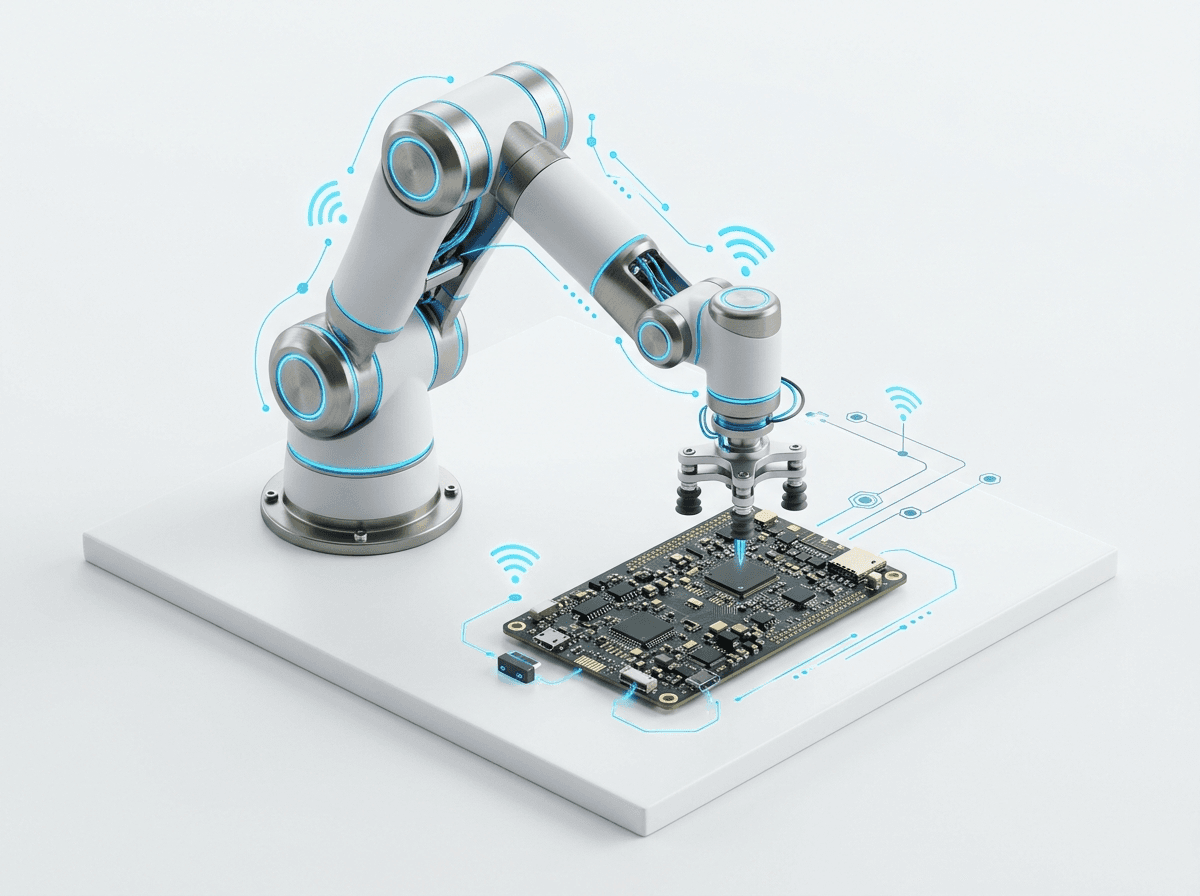 Robotics articulation arm and IoT circuit 3D illustration