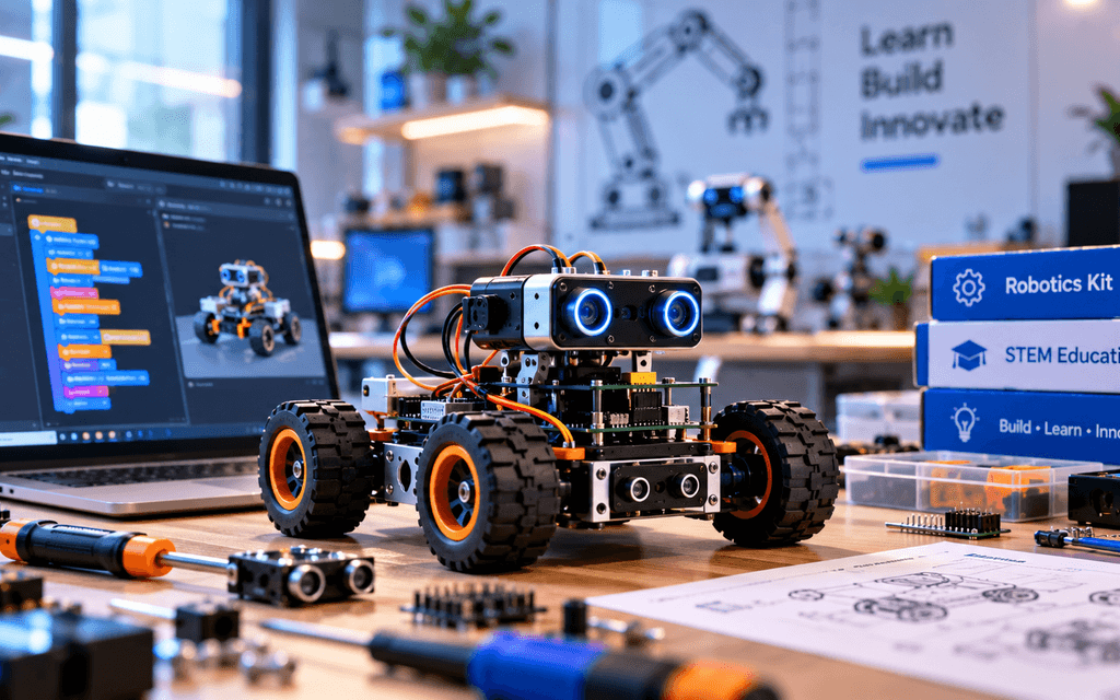 3D modular educational robotics STEM kit with microcontroller and sensors