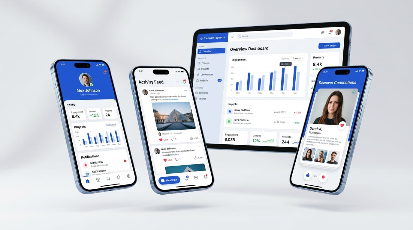 Cross-platform iOS and Android mobile app cards 3D render